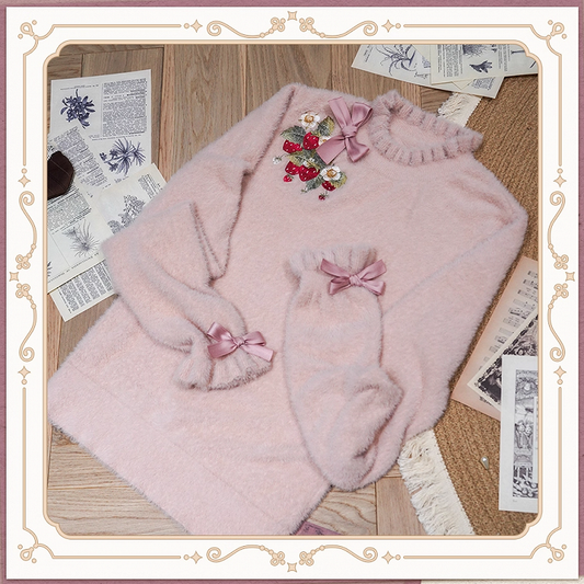 Strawberry Embroidery Neckline Bowknot on Cuffs Dusty Pink Autumn Knit Top