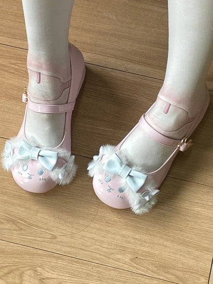 Pink&Blue Bowknot Details Plush Bunny Ear Sweet Lolita Round Toe Shoes With Bunny Buckle Strap