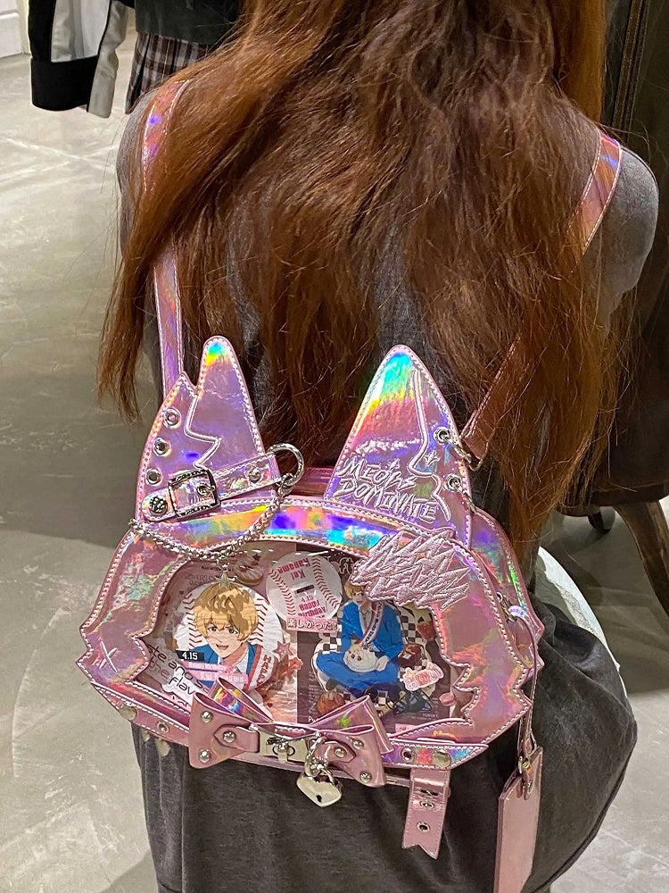 Kitty Ear Design Bowknot Studs Detail Pink PU Tote Ita Bag with Free Card Holder