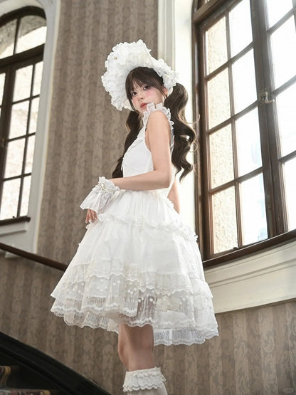 White Flutter Sleeves Butterfly Accent Ruffled Lace Trim Lolita JSK