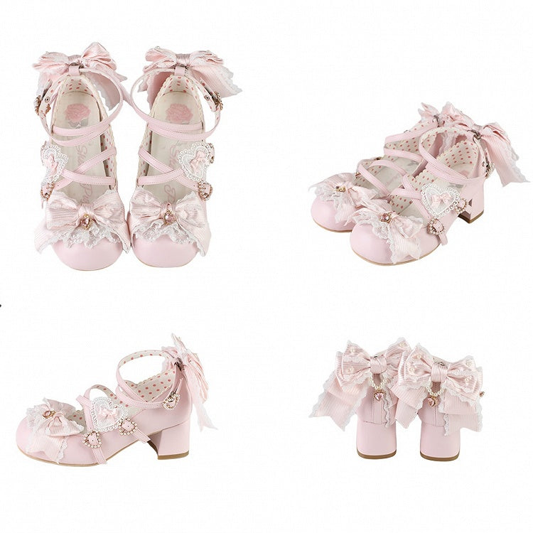 Pink Sweet Lolita Bowknot Details Crisscross Design Heart Buckle Straps 2CM/5CM Block Heels Shoes