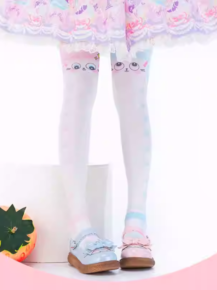 Blue and Pink Cat Paw Pattern Over Knee Stockings