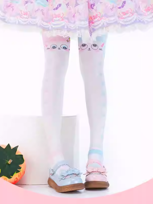 Blue and Pink Cat Paw Pattern Over Knee Stockings