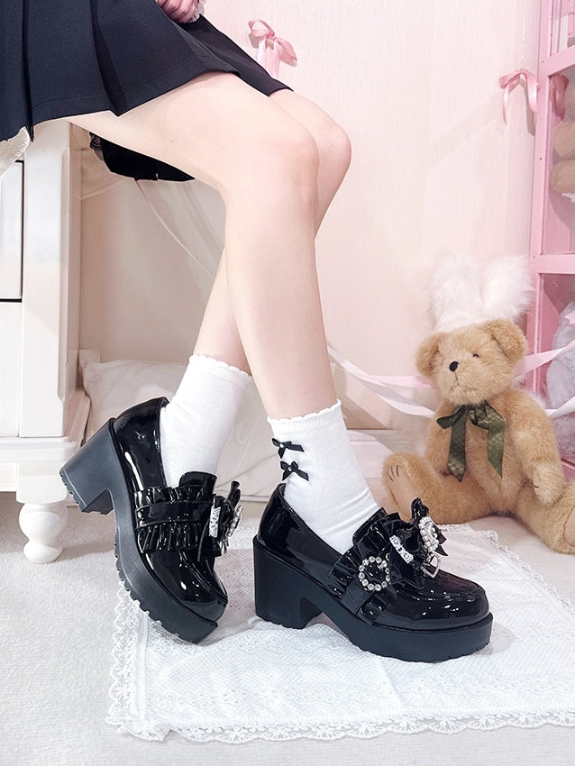 Polished Black Jirai Kei 7.5cm Loafers - Rhinestone And Beads Decor Detachable Bow with Ruffle Trim & Slip-On Design
