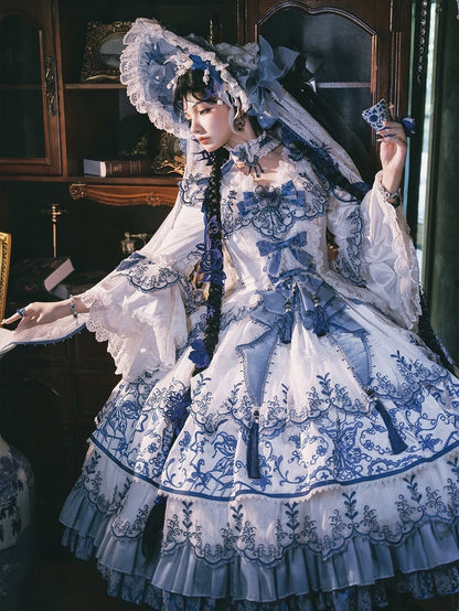 Butterfly Fabric Blue and White Porcelain Embroidery Chinoiserie Style Lolita Dress Long Version