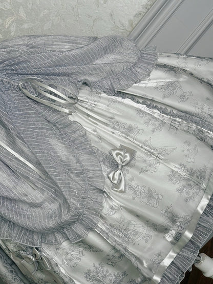 Silver Gray Corset Waist Drawstring Overlay Skirt Lolita Jumper Skirt