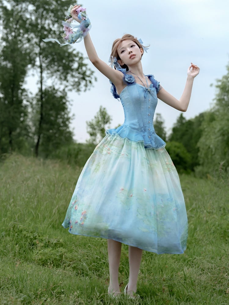 Sky Blue Flounce Hem Boned Corset Top with Detachable Floral Adornments