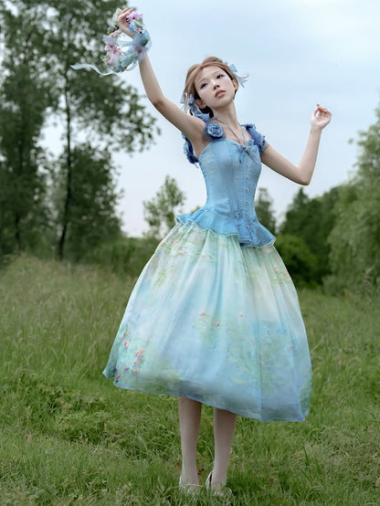 Sky Blue Flounce Hem Boned Corset Top with Detachable Floral Adornments