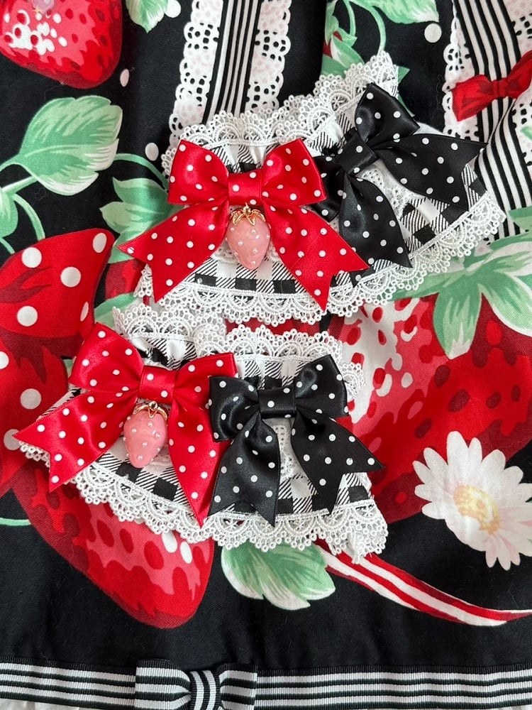 3 Color Options Strawberry Charm Polka-dot Bowknot Details Lace Trim Plaid Pattern Wrist Cuffs