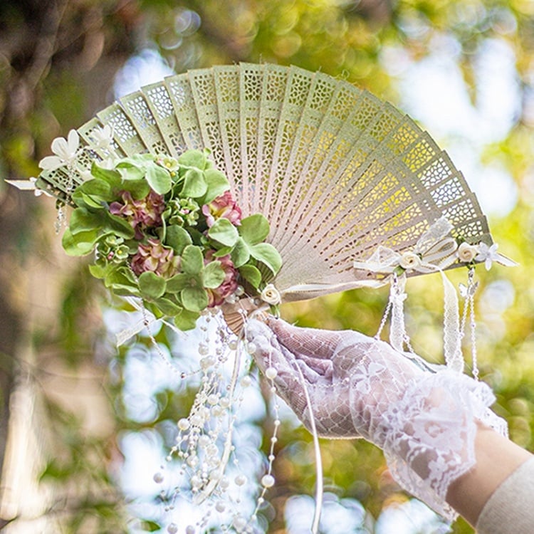 Purple/Green/Pink/Yellow Beaded Charm Floral Design Folding Fan