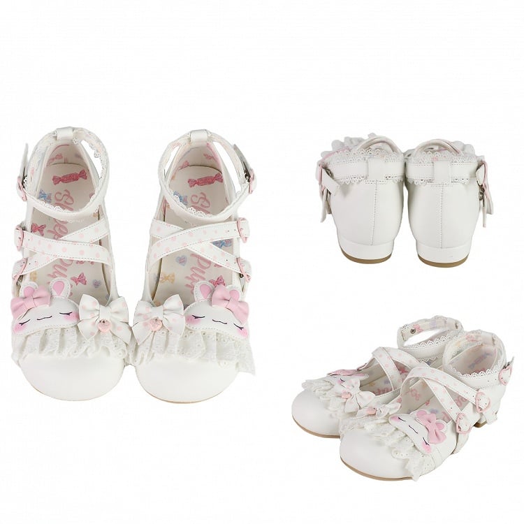 White Polka-dot Pattern Crisscross Design Bowknot Details Bunny Applique Lace Trim Sweet Lolita Shoes