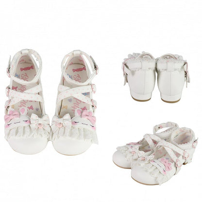 White Polka-dot Pattern Crisscross Design Bowknot Details Bunny Applique Lace Trim Sweet Lolita Shoes