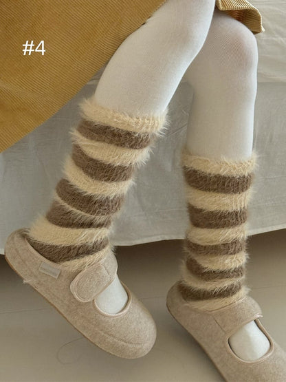 5 Options Y2K Striped Pattern Knitted Plush Leg Warmers