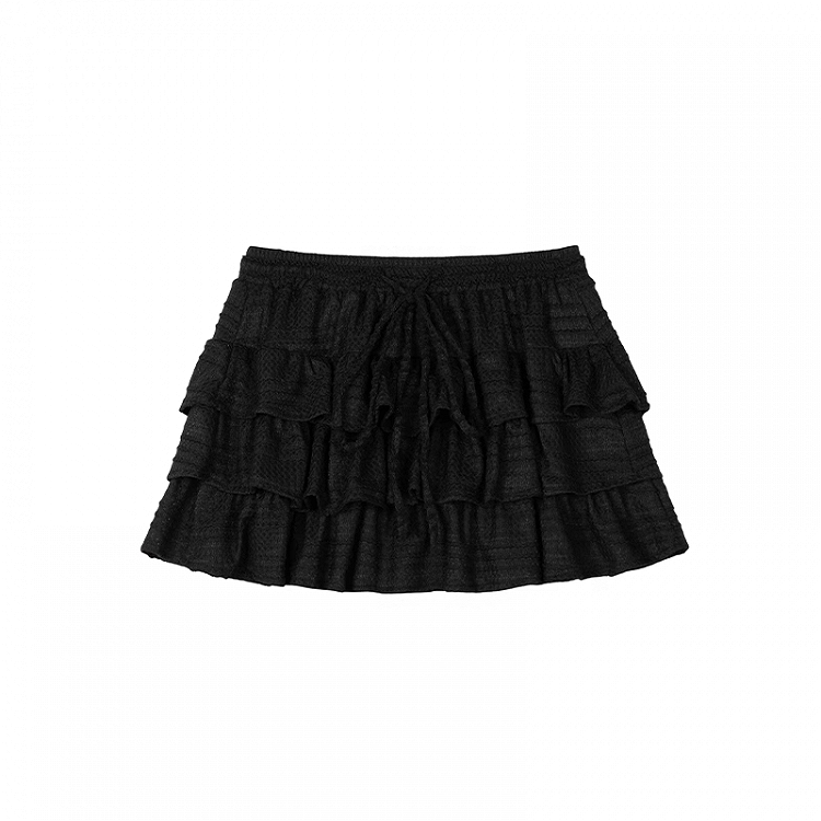 Black Drawstring Waist Mini Tiered Skirt