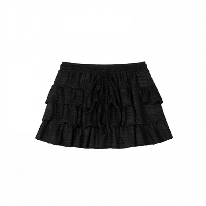 Black Drawstring Waist Mini Tiered Skirt