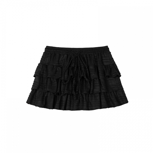 Black Drawstring Waist Mini Tiered Skirt