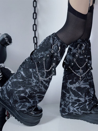 Black/Brown Wasteland Punk Cross Charm Tie Dye Design Leg Warmers