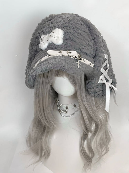 Grey Cross and Pins Buckle Bunny Ear Plush Hat