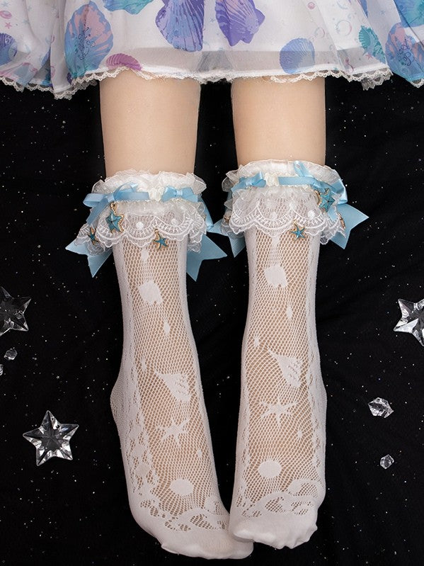 White/Blue/Purple/Purple&Blue Hollow-out Calf Socks With Starfish Charm Detachable Lace Cuffs