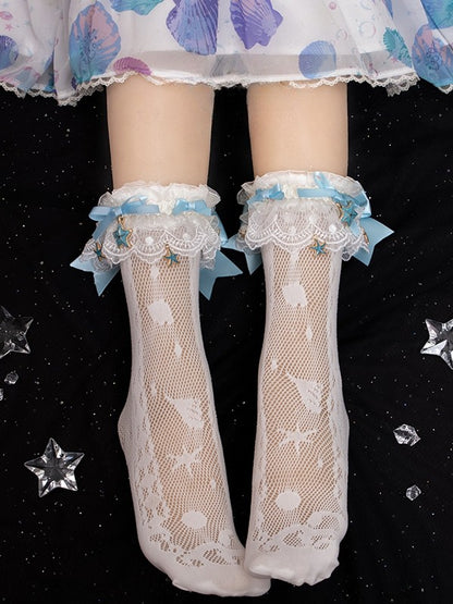 White/Blue/Purple/Purple&Blue Hollow-out Calf Socks With Starfish Charm Detachable Lace Cuffs