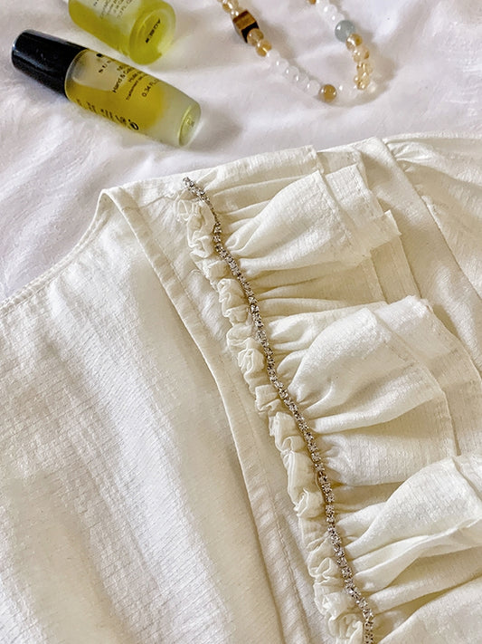 Plus Size Apricot Ruffled Trim Open Placket Rhinestone Embellished Top