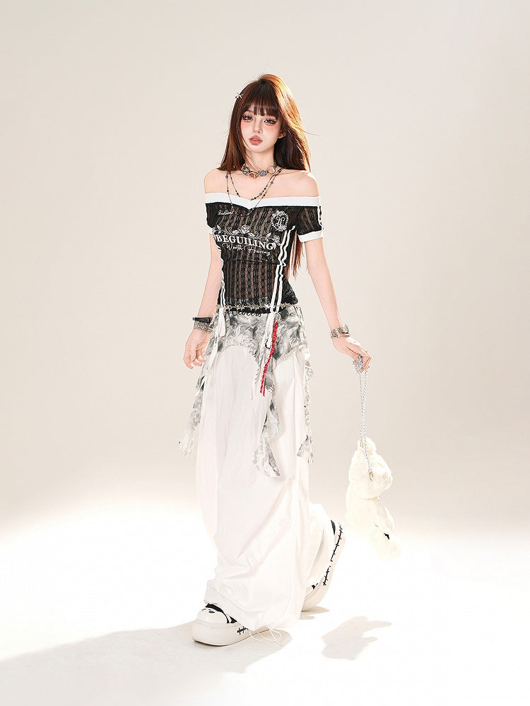 Black/White Off-the-shoulder Neckline Semi-sheer Lace T-shirt