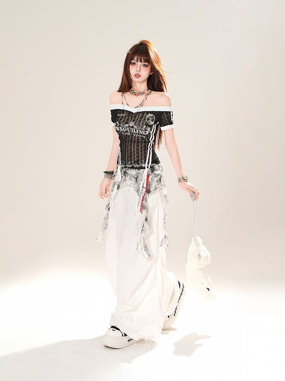 Black/White Off-the-shoulder Neckline Semi-sheer Lace T-shirt