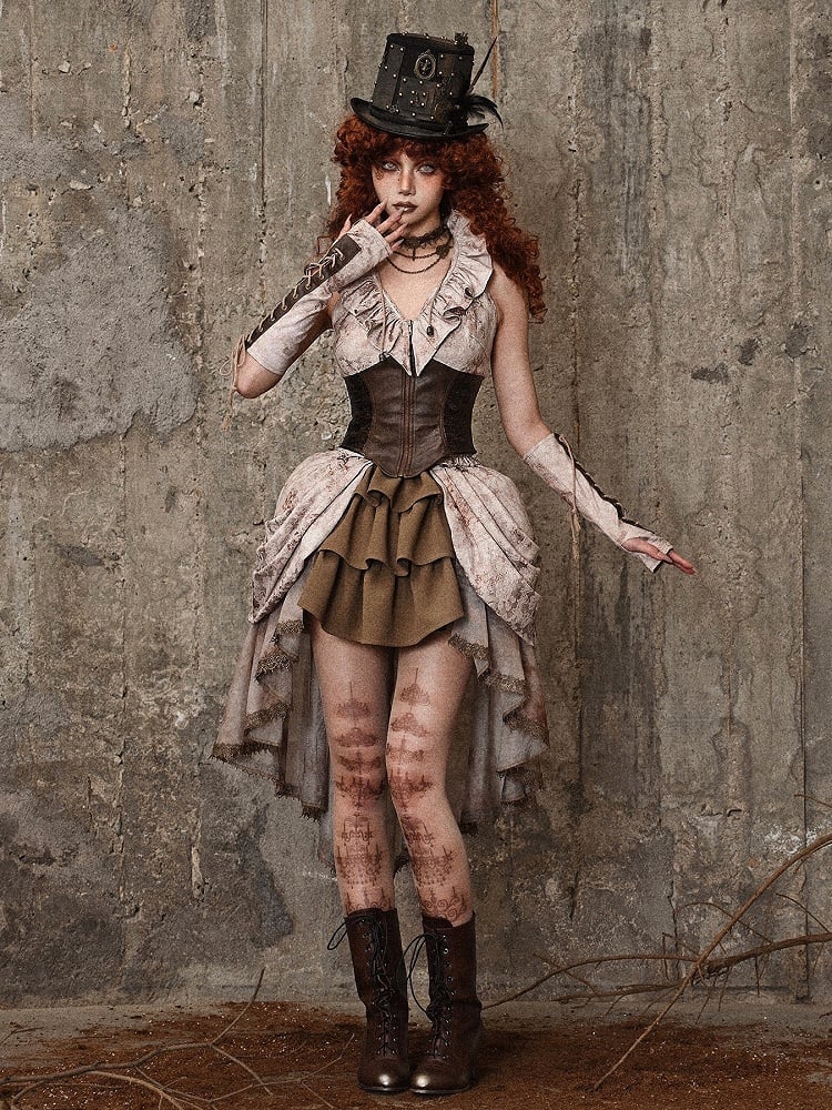 Brown PU Corset Waist Flounce Neckline Sleeveless Top