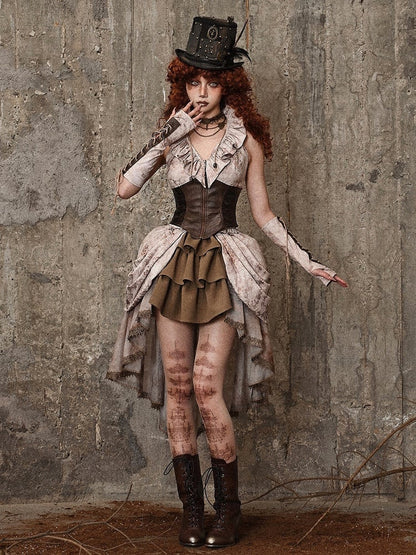 Brown PU Corset Waist Flounce Neckline Sleeveless Top