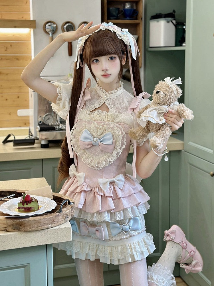 Pink and Blue Bow Accents Sweet Lolita Full Set - Cami Top + Skirt + Puff Sleeves Cropped Top