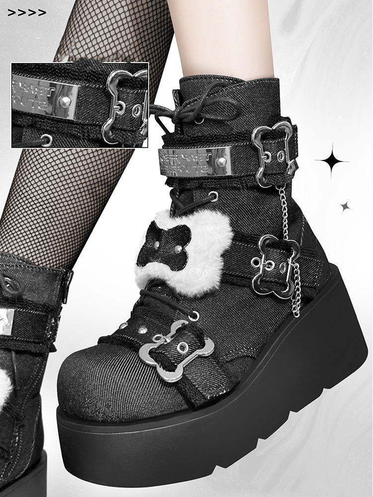 Buckle Straps Plush Bone Decorated Denim Black Punk Platform Boots