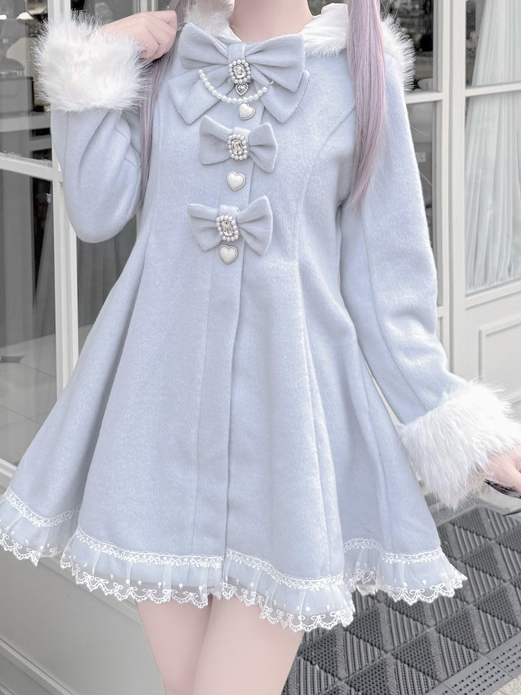 Jirai Kei Light Blue A-Line Waisted Coat with Detachable Bunny Ears Hood & Bowknots