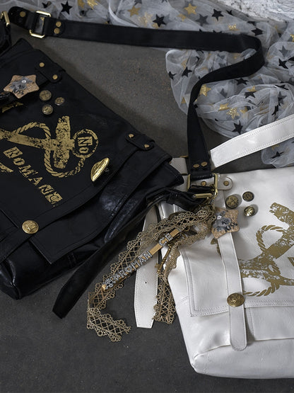 Gold Ship Anchor Print Punk Distressed Design Black/White PVC Crossbody Bag