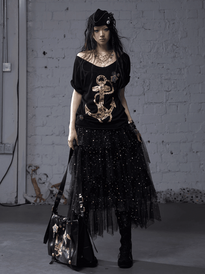 Black/White Distressed Design Navycore Graphic T-shirt