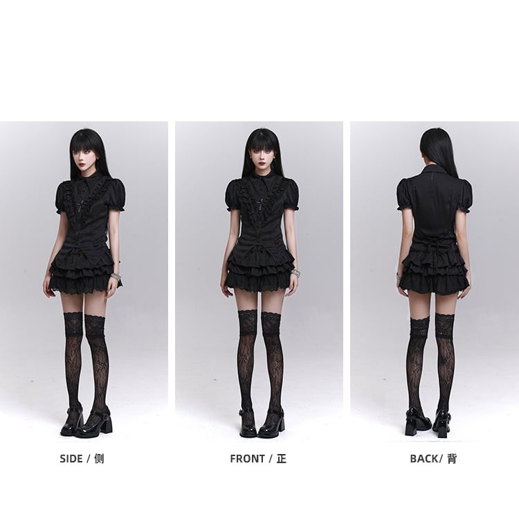 Black Striped Pattern Pointed Flat Collar Curved Hem Gothic Puff Sleeves Blouse