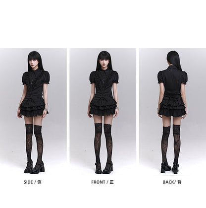 Black Striped Pattern Pointed Flat Collar Curved Hem Gothic Puff Sleeves Blouse