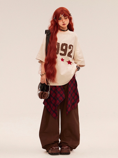 Beige/Red Faded Wash Number and Star Embroidery Vintage T-shirt