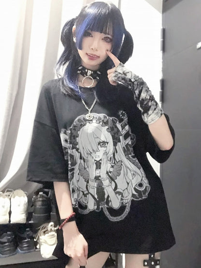 Black&White Jirai Kei Cartoon Girl Print Round Neck T-shirt