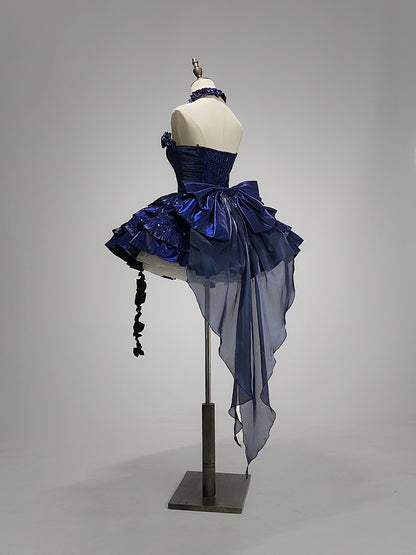 Clearance-Size S for Bust 80-90CM Klein Blue Roses Neckline Lolita Goth Boning Dress Sequins Tiered Puffy Dress