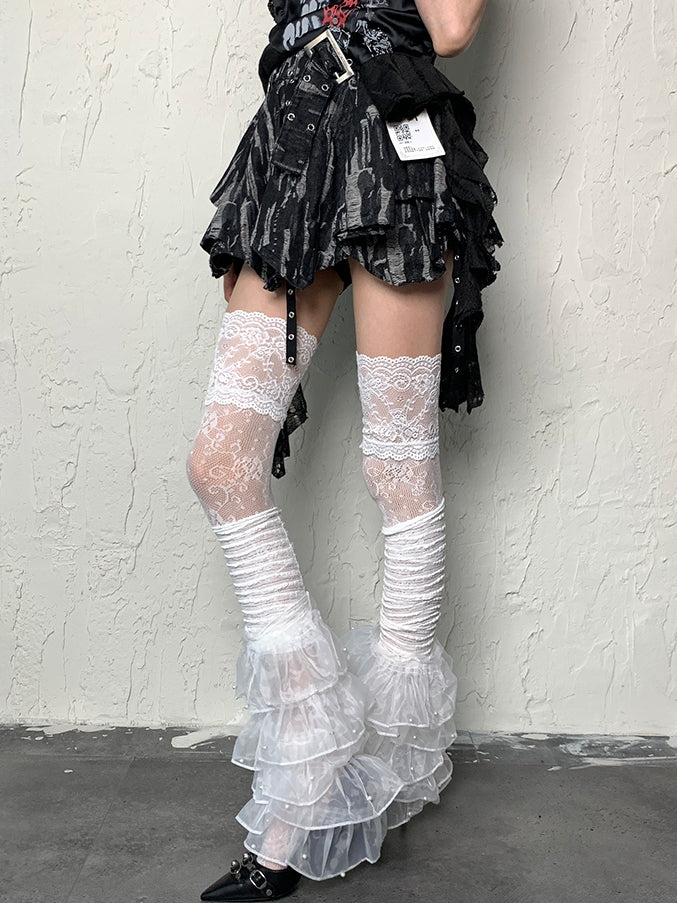 White Bittersweet Floral Pattern Over-knee Stockings