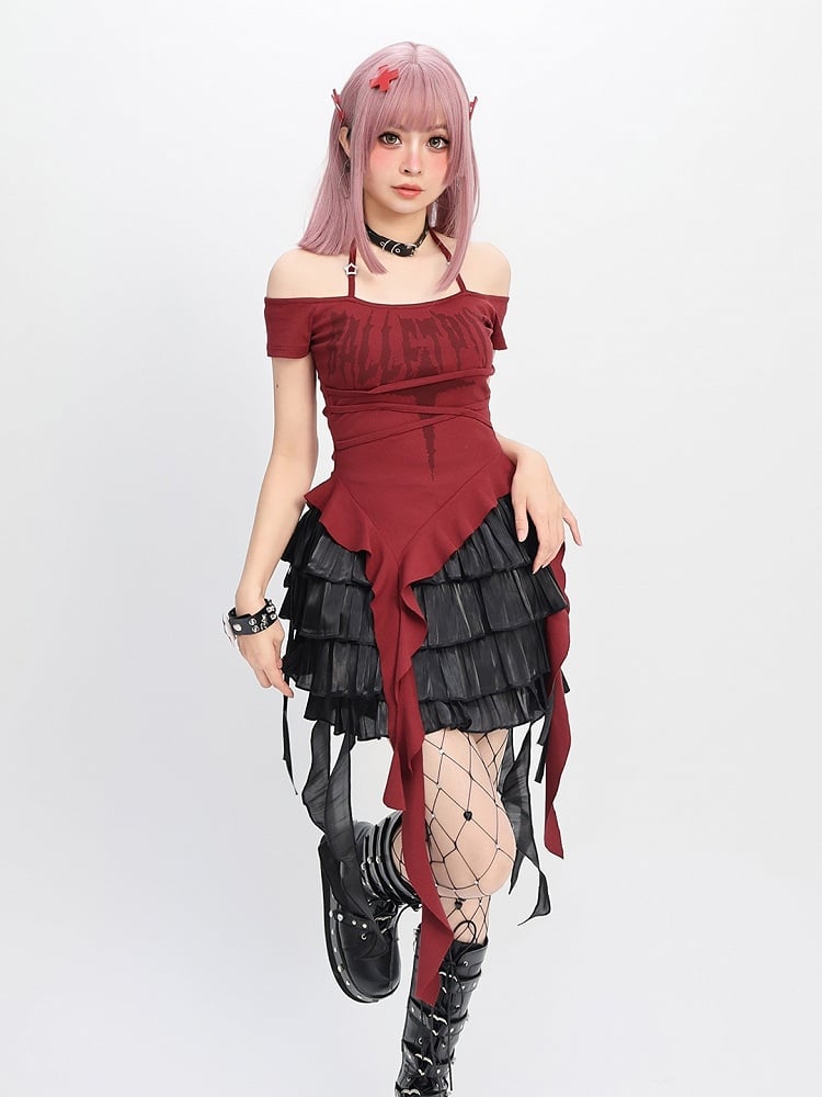 Y2K Red/Pink/Purple Cascading Ruffles Halter Neck T-shirt