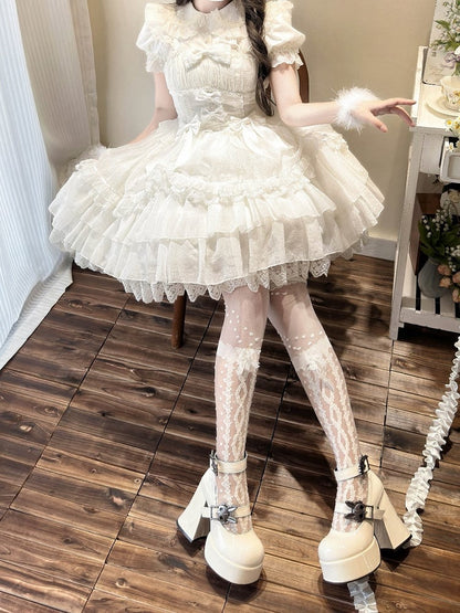 White Drawstring Overlay Tiered Skirt Princess Lolita Shiro Dress