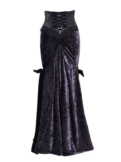 Gothic Purple Velvet Lace-up High Waist Maxi Fishtail Skirt