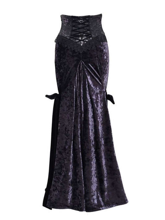 Gothic Purple Velvet Lace-up High Waist Maxi Fishtail Skirt