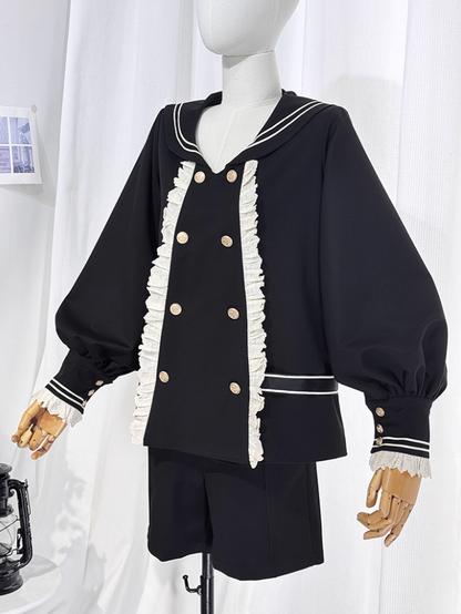 Ouji Lolita Black Preppy Ensemble: Sailor Collar Top and Shorts Set with Beige Lace Detail