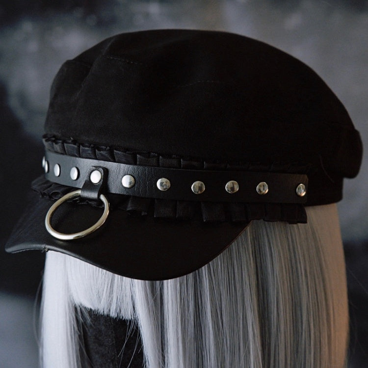 Black Gothic Studs Details Ruffled Trim Beret Hat