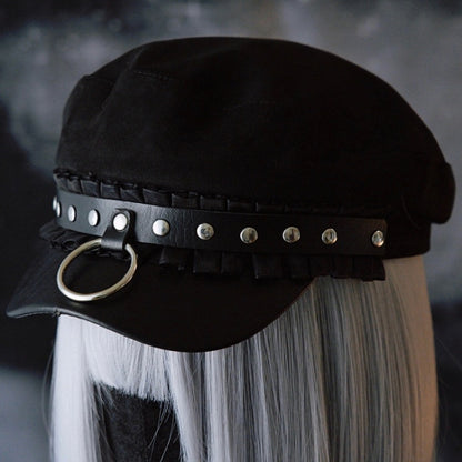 Black Gothic Studs Details Ruffled Trim Beret Hat