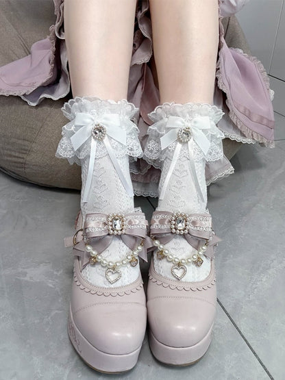 Jirai Kei White Bowknot and Heart Rhinestone Decoration Lace Cuffs White Cotton Ankle Socks
