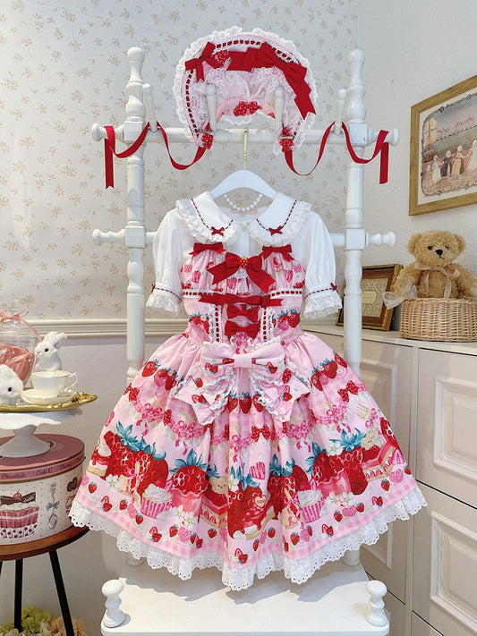 Strawberry and Dessert Print Pink Sweet Lolita Dress