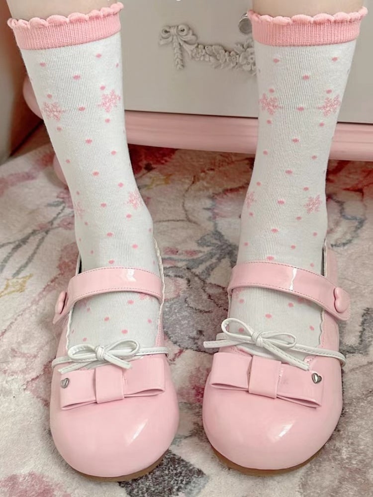 Pink Snowflakes Print Polka-dot Pattern Lolita Calf Socks
